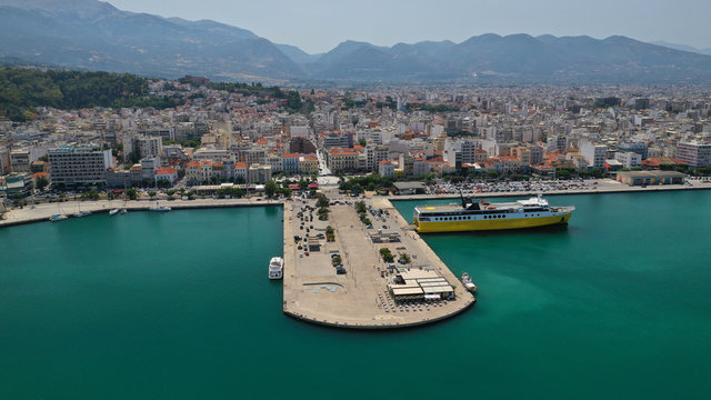 Aerial drone photo of Port and main town of Patras, Achaia, Greece