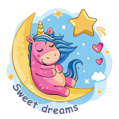 Cartoon funny unicorn on a Moon. Cute little pony on white background. Starry sky. Wonderland. Fabulous animal. Isolated children`s illustration for sticker, print. Poster for friends, family. Vector.