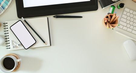 Top view of professional designer's work station