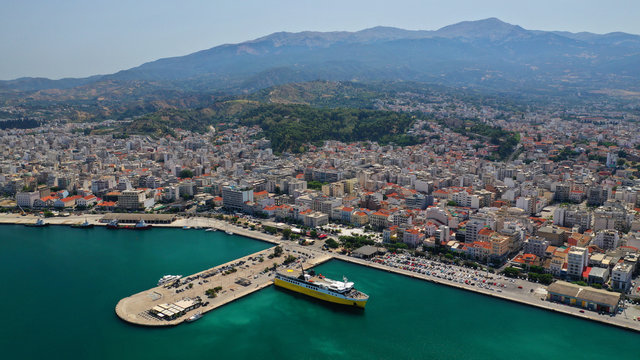 Aerial drone photo of Port and main town of Patras, Achaia, Greece