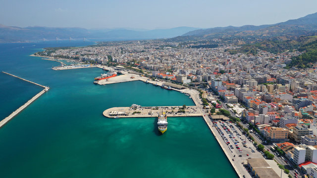 Aerial drone photo of Port and main town of Patras, Achaia, Greece