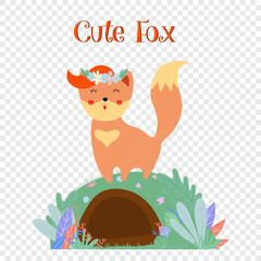Cute fox in flower wreath stand on foxy burrow