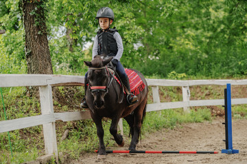 Playful little jockey boy riding adorable pony at sunny day on ranch.