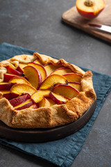 Plate with delicious peach galette on black background. Copy space.