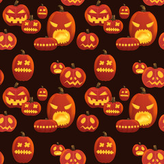 Seamless Halloween pattern with scary pumpkins on black background.