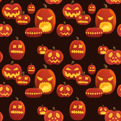 Seamless Halloween pattern with scary pumpkins on black background.