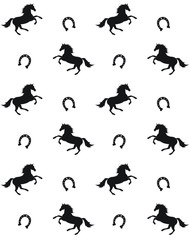 Vector seamless pattern of flat black horse silhouette and horse shoe isolated on white background