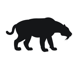 Vector black flat silhouette of saber-toothed tiger isolated on white background