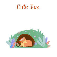 Naklejka premium Cute fox in wreath sleep in foxy burrow isolated