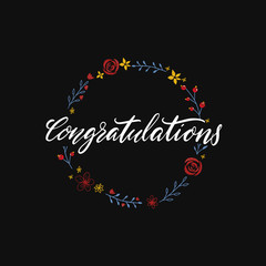 Congratulations card, calligraphy word on black floral background. Banner with hand drawn flowers and lettering