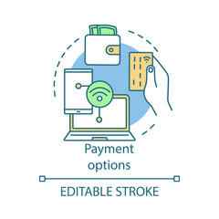 Payment options concept icon. Online shopping idea thin line illustration. Digital purchase. Internet marketing. Web wallet. Online money transaction. Vector isolated outline drawing. Editable stroke