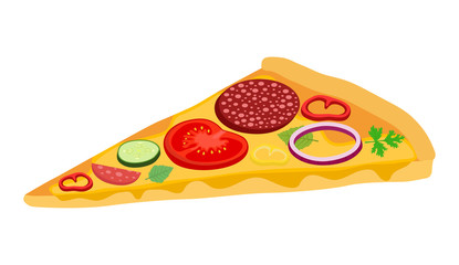 Vector pizza slice in cartoon style. Icon for menu