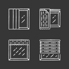 Window treatments chalk icons set. Panel tracks, liner, valance. House and office decoration. Kitchen, living room curtain. Home interior design. Isolated vector chalkboard illustrations