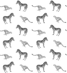 Vector seamless pattern of hand drawn giraffe and zebra isolated on white background