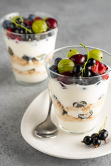 Tiramisu with berries in glasses on grey background. Italian dessert. Copy space.