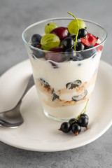 Tiramisu with berries in glasses on grey background. Italian dessert. Copy space.