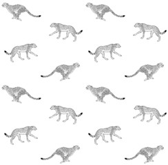 Vector seamless pattern of black line hand drawn cheetah silhouette isolated on white background