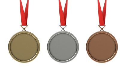 Three medals on white background. Gold, silver and bronze.
