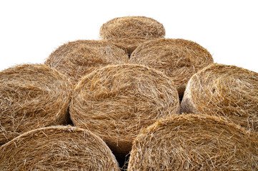 Hay bales. Bottom view round hay bales stacked in stacks.