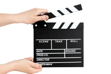 Hands holding clapper board  isolated on white with clipping path