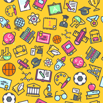 School seamless pattern with education design yellow background. Vector illustration.