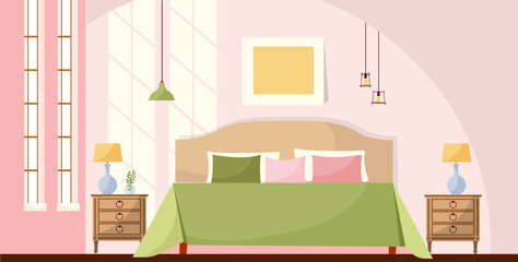 Interior room concept background. Bedroom interior with a bed, nightstands, lamps, picture and large windows with lights of a sun. Cozy elegant furniture. Flat cartoon style illustration.