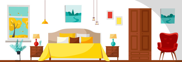 Modern Bedroom interior with a bed, nightstands, lamps, wardrobe, red soft armchair and window with trees landscape. Flat cartoon style illustration on white background.