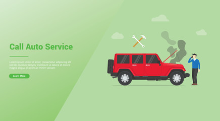 call car service auto mobile broken or damage with black smoke with modern flat style for website template or landing hoempage - vector