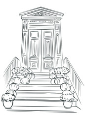Sketch Halloween decorated front door with pumpkins. Hand drawn Halloween pumpkins on stairs outside a house