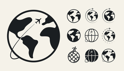 Trip Around The World. Travel Flight Airplane Earth Globe Orbit Concept. Flat Vector Icon Set. - 282414949