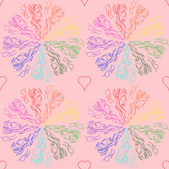 Circular seamless pattern of different colored segments girl's face and shape of heart  in the sketch technique on a pink background