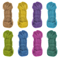 a set of skeins of wool for felting on an isolated white background