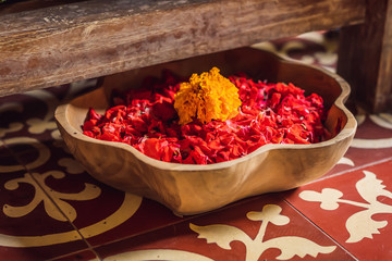Spa petals in bowl with tropical flowers, spa pedicure treatment