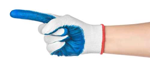 Blue rubber protective glove show sign like a gun. Isolated on a white background