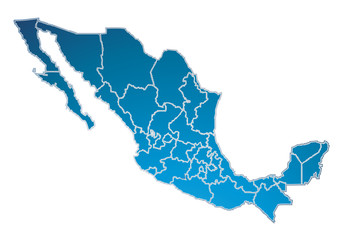 Mapa azul de México sobre fondo blanco. © Gabrieuskal