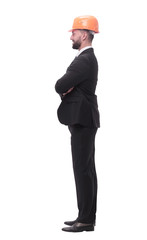 side view.businessman in helmet looking at copy space.