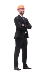 side view.businessman in helmet looking at copy space.