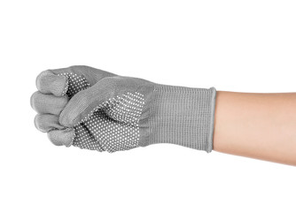 Hand in gray textile rubberized glove on an isolated white background