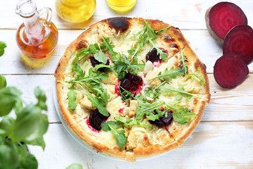 Pizza with beetroot and mozzarella. Vegetarian pizza.