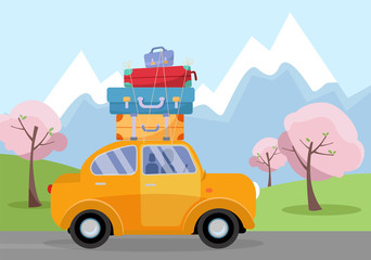 Car on Road Trip. Travel vehicle Concept Tourism and Vacation Together. illustration of spring vacations holiday, blooming trees, world travel with suitcases on car's roof.Touristic retro travel theme