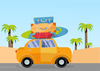 Trveling by yellow car with pile of luggage bags on roof and with surfboard on beach with palms. Summer tourism, travel, trip. Flat cartoon illustration. Car Side View With Heap Of suitcases