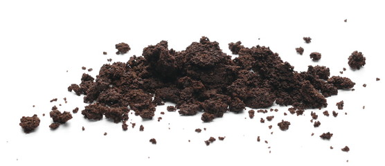 Espresso milled coffee sediment, residue isolated on white background