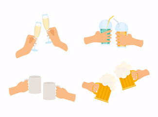 Set of male and female hands holding different types of glasses champagne and other drinks.