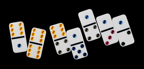 White dominoes, pieces isolated on black background, top view