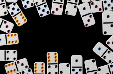 White dominoes, pieces isolated on black background, top view