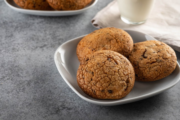 Chocolate chip cookies with milk on grey table. Copy space.