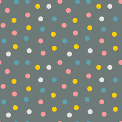 Seamless vector pattern of colorful polka dots confetti in pastel colors pink yellow turquoise white on gray background. Nordic scandinavian retro style. Design for gift paper wallpaper kids textile