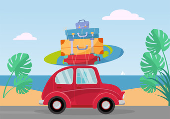 Fototapeta premium Little red retro car rides from the sea with stack of suitcases on roof. Flat cartoon illustration. Car side View With surfboard and baggage. Southern landscape with sand, leaves of Monstera