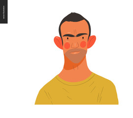 Real people portrait - hand drawn flat style vector design concept illustration of a young brunette man, face and shoulders avatar. Flat style vector icon
