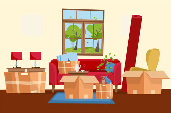 Moving concept of home interior with Paper cardboard boxes. Moving boxes in new house. Family relocated to new home. Package for transportation. flat cartoon style illustration